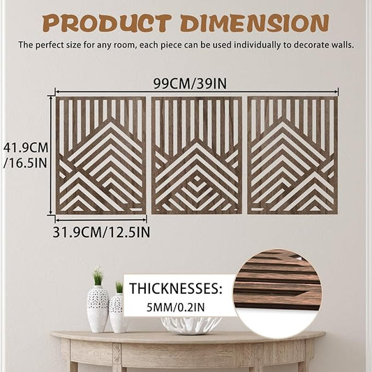 3PCS Wood Mountain Wall Art, Modern Wooden Panel Mountain Wall Decor, Decorative Forest Nature Abstract Line Minimalist Wall Art for Living Room Bedroom Farmhouse, 16.5x 12.5in (Dark brown)