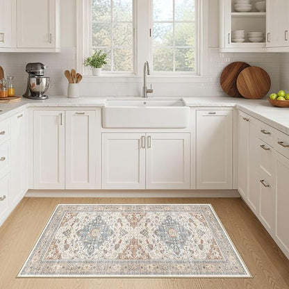 2x4 Rug Washable Runner Rug: Small Vintage Neutral Non-Slip Soft Accent Doormat Stain Resistant Floor Throw Mat for Entryway Kitchen Bedroom Nursery Entry Dorm- Beige Blue