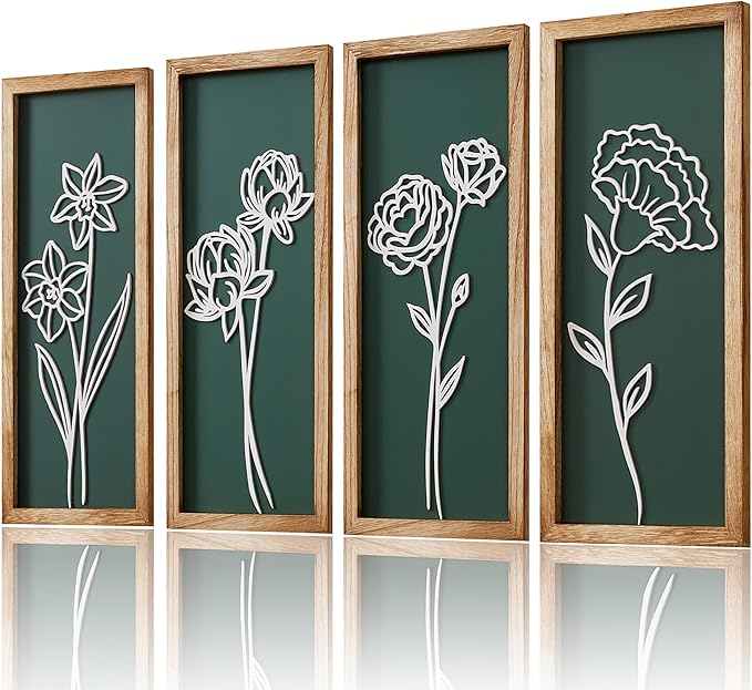 HKBS 3D Wooden Floral Wall Art, Set of 4 Framed Flowers Wall Art Sculptures, Boho Farmhouse Minimalist Decor for Bathroom Bedroom Living Room Kitchen or Office Wall Decorations Housewarming Gifts (Green)