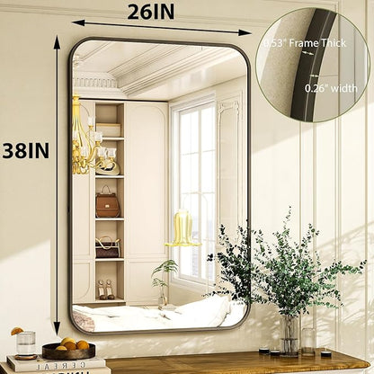 Easly 26 x 38 Inch Bathroom Mirror, Rounded Rectangular Vanity Mirror for Wall, Modern Mirror for Room Decor, Black Framed Wall-Mounted Mirrors for Home Decor, Hangs Horizontally or Vertically
