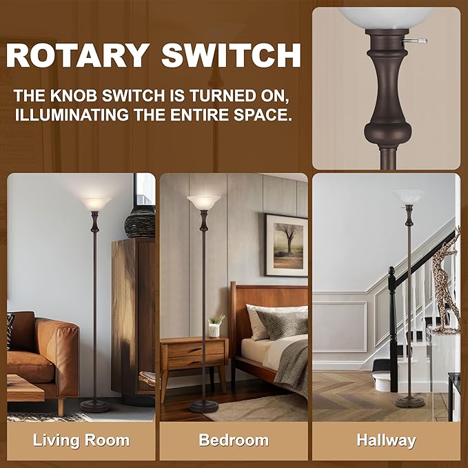 71'' Floor Lamps for Living Room, Tall Floor Lamp for Bedroom, Modern Torchiere Standing lamp for Corner Office Home Decor, Knob Switch, Bulb Included, Glass 1 Head, Red Brown