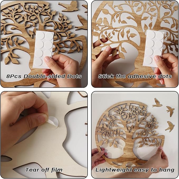 Tree of Life Wall Art Wooden Tree Life Wall Decor with Three Birds 12 Inch Round Family Tree Life Wall Hanging Plaque for Bedroom Living Room Kitchen Office Farmhouse Decor Indoor Outdoor (Round Tree of Life - Wood Color)