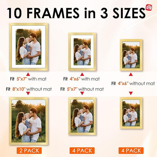 FIXSMITH 10 Pack Picture Frames Collage Wall Decor for Mounting or Tabletop Display, Gallery Wall Frame Set with Two 8x10 Gold Frames, Four 5x7 and Four 4x6 Frames, Multi-Pack Photo Frame Set