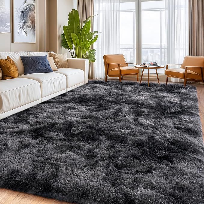 Tie-Dyed Black Grey Shaggy Rugs Fluffy Carpets, Indoor Modern Plush Area Rugs for Living Room, Upgrade Anti-Skid Area Rug, 10x14 Feet Fuzzy Rug for Nursery Home Decor