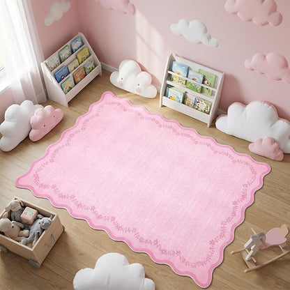 GarveeHome 4x6 Pink Valentines Scalloped Washable Area Rug for Girls Bedroom, Solid Floral Soft Nursery Rug Non Slip Low Pile Small Carpet Stain Resistant Throw Rug for Dorm Kids Room Dining Room