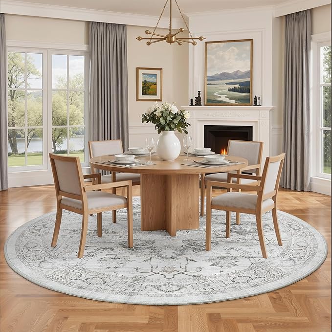 Washable 8ft Round Area Rug - Vintage Large Non-Slip Circle Rugs for Living Room, Low-Pile Stain Resistant Round Indoor Carpet for Bedroom Dining Room Ivory/Gray
