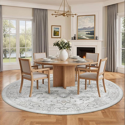 Washable 8ft Round Area Rug - Vintage Large Non-Slip Circle Rugs for Living Room, Low-Pile Stain Resistant Round Indoor Carpet for Bedroom Dining Room Ivory/Gray