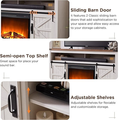 OKD Fireplace TV Stand for 65+ Inch TV, 33" Tall Highboy Farmhouse Entertainment Center w/ 23'' Electric Fireplace, Rustic Media Console w/Sliding Barn Door for Living Room, Antique White