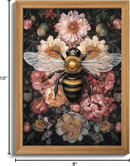 Framed Vintage 3D Textured Wall Art - Dark College Bee Flowers Wall Decor - Hand Drawn Sandstone Nature Botanical Pictures for Living Room Bedroom Home Decor 8x10in