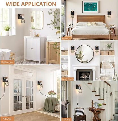 Lomoky Plug in Wall Sconces Set of Two, Vintage Wood Wall Lamps with Plug in Cord, Farmhouse Wall Light Fixture with 5.25FT On/Off Switch Cord, Indoor Sconces Lighting for Bedroom Living Room