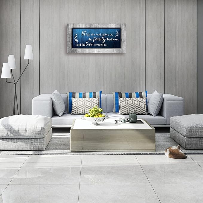 Canvas Wall Art for Dining Room Decor-Blue and Grey Canvas Prints Bless The Food Quote Wall Pictures Painting Framed Artwork for Home Living Room Bedroom Kitchen Decoration 20"x40"