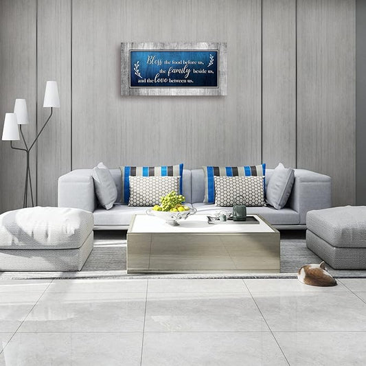 Canvas Wall Art for Dining Room Decor-Blue and Grey Canvas Prints Bless The Food Quote Wall Pictures Painting Framed Artwork for Home Living Room Bedroom Kitchen Decoration 20"x40"