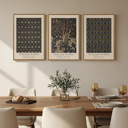Framed Vintage William Morris Canvas Wall Art Set of 3, Nature Rustic Botanical Artwork for Walls, Retro Classic Floral Illustrations Paintings Pictures for Living Room, Bedroom, Dining Room, Hallway, Office Wall Decor, Total Size 30x60 in