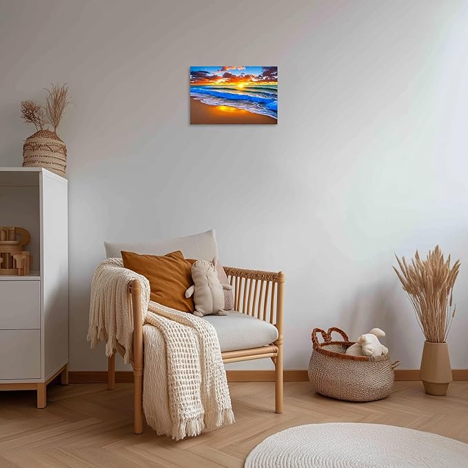 TutuBeer 1 Panel Beach Pictures Blue Sea White Beach at Sunrise Picture Print on Canvas Ocean Pictures Wall Decor Ocean Canvas Art Seascape Wall Art Stretched and Framed 16x24 inch