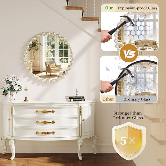 Round Mirror for Wall, 24 Inch Silver Round Vanity Mirror with Beaded Frame, Modern Decorative Wall Mirror for Bathroom, Entryway, Bedroom, Living Room, Shatter-Proof Tempered Glass, Silver
