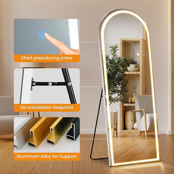Arched Full Length Mirror with Stand 26"×71", Upgraded Full Body Mirrors with LED Light 3 Color Lighting, Floor Standing, Hanging or Leaning Modern Simple Home Wall Decor, White