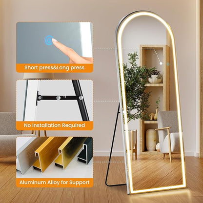 Arched Full Length Mirror with Stand 26"×71", Upgraded Full Body Mirrors with LED Light 3 Color Lighting, Floor Standing, Hanging or Leaning Modern Simple Home Wall Decor, White