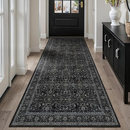 Dark 3x8 Hallway Runner Rug, Entryway Kitchen Runners Non Skid Washable 8 ft, Non Slip Ultra Thin Carpet Runner for Corridor Mudroom Foyer Bathroom Bedroom, Vintage Farmhouse Midnight
