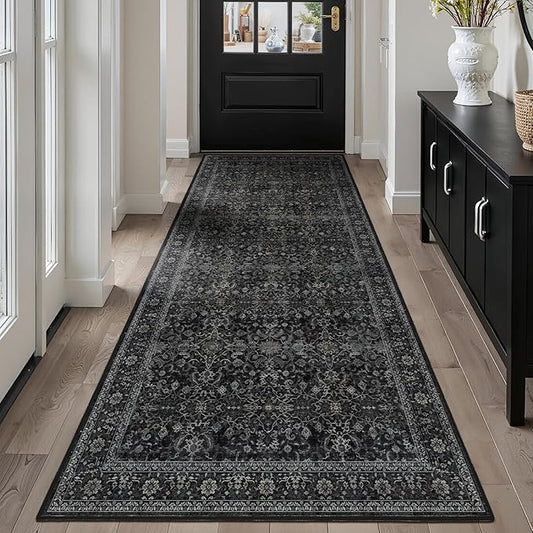 Dark 3x8 Hallway Runner Rug, Entryway Kitchen Runners Non Skid Washable 8 ft, Non Slip Ultra Thin Carpet Runner for Corridor Mudroom Foyer Bathroom Bedroom, Vintage Farmhouse Midnight