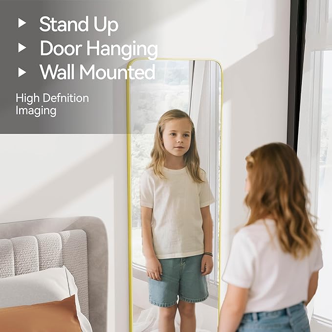 SCWF-GZ 57x20 Door Hanging Full Length Mirror, Floor Stand (Height 5.7ft just Body in1.3ft) Wall Mounted Metal Frame Rectangle Dressing Mirrors for Bedroom Room 57 inch Gold