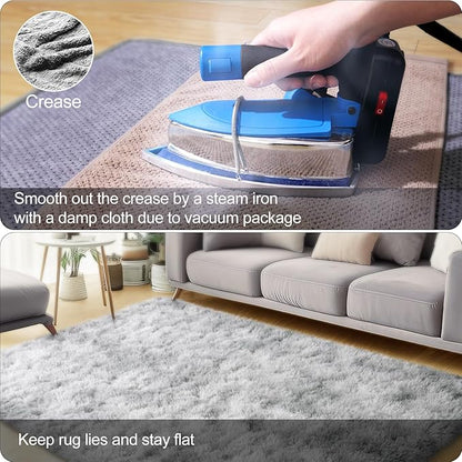 qulint Living Room Rug 8x10, Soft Fluffy Rug for Bedroom Shag Shaggy Large Carpet for Dorm, Fuzzy Plush Grey Carpet for Boys and Girls Kid Room Classroom Home Decor (8ft x 10ft, Tie-Dyed Gray)