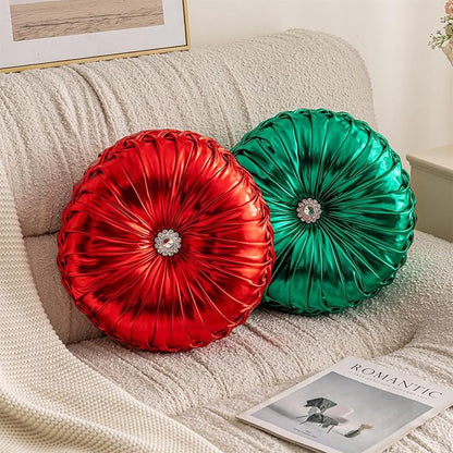Red Round Throw Pillows, Soft Spandex Fabric Pumpkin Pleated Handmade Metallic Decorative Throw Pillows Floor Pillows Cushion for Sofa Couch Bed Living Room Chair Decoration