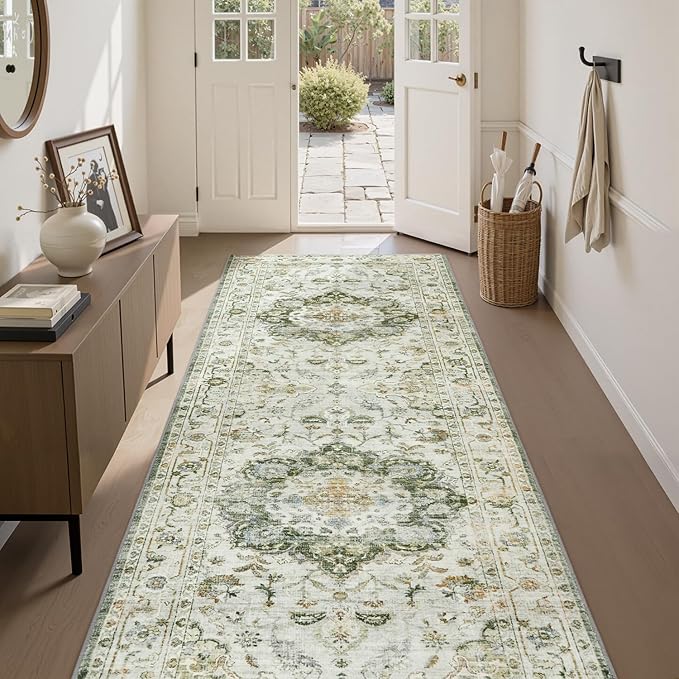 PADOOR 2X10 Runner Rug,Runners for Hallways,Soft Green Washable Bedside Rugs for Bedroom,Non Slip Long Rug for Hallways Entryway Laundry Room Stair Kitchen Bathroom