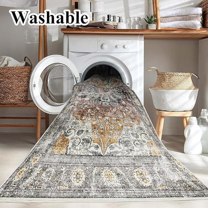 CHAMPLANT Area Rug 6x9 Washable Rug Brown Grey Vintage Traditional Distressed Thin Retro Kitchen Indoor Floor Cover Non Slip Carpet Floral Print Mat Living Room Bedroom Dining Room