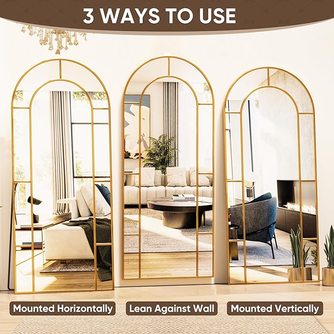 Antok 71" x 32" Full Length Mirror, Floor Mirror Arched Window Decorative Mirror, Metal Framed Decor Farmhouse Floor Mirrors Art Pane Mirrors Wall Decor for Bedroom, Living Room, Entryway Bronze