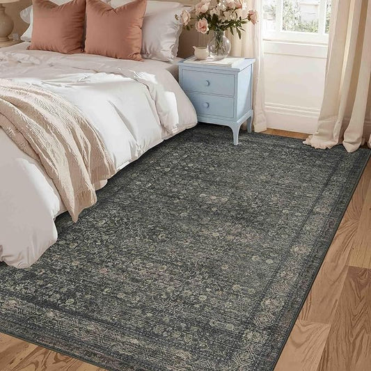 Rugxara 3x5 Washable Entryway Rug, Non Slip Boho Runner Rugs for Hallway, Entrance, Kitchen, Bathroom, Laundry Room, Soft Entryway Carpet, Throw Low Pile Retro Imitation Wool Carpet, Moss Brown