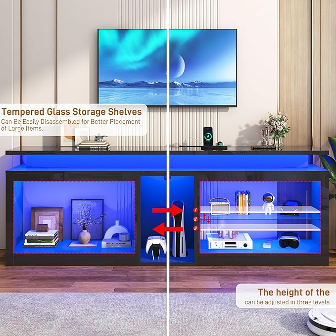 80" LED TV Stand with Power Outlet,60-Colors LED Lights For 80 85 90in TV,High Gloss Gaming Entertainment Center w/Adjustable Shelves,Black TV Console with Modern Design for Living Room Bedroom