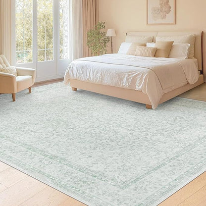8x10 Area Rugs for Living Room: Washable Large Vintage Floral Rug Low Pile Non-Slip Boho Carpet for Bedroom Home Office Dining Room (Green, 8'x10')
