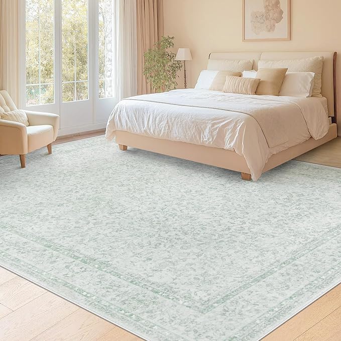 9x12 Area Rugs for Living Room: Washable Large Vintage Floral Rug Low Pile Non-Slip Boho Carpet for Bedroom Home Office Dining Room (Green, 9'x12')
