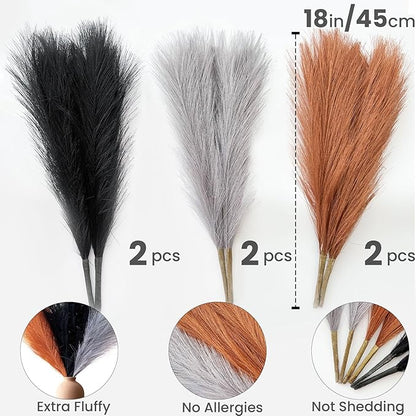 Pampas Grass Decor, Fluffy Faux Pampas Grass 6 Stem 18"/45cm Pompous Grass Small Flower Arrangement and Vase Filler for Boho Home Wedding Decoration