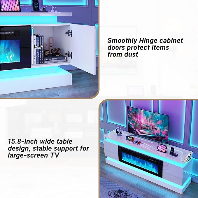 chartustriable 71IN LED TV Stands w/40 inch Fireplace Power Outlet for 85/80/75 Inch TVs,High Glossy Modern TV Media Console Gaming with 2 Storage Cabinets,Dual LED Lights,White