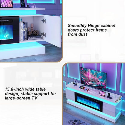 chartustriable 71IN LED TV Stands w/40 inch Fireplace Power Outlet for 85/80/75 Inch TVs,High Glossy Modern TV Media Console Gaming with 2 Storage Cabinets,Dual LED Lights,White