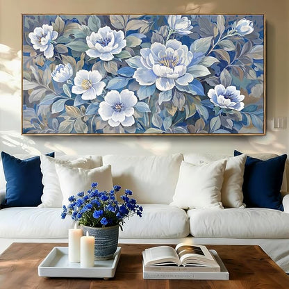 Large Framed Blue Gray And White Plant Wall Art For Living Room, Natural Plant Canvas Print Paintings Artwork For Walls, Elegant Floral Pictures For Bedroom Kitchen And Lounge Wall Decor58X29 In