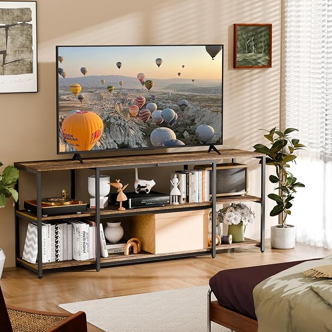 Aquzee TV Stand for 65 Inch TV, 58.3” Wide Entertainment Center with Open Storage, Wood & Metal Console Table and Media Furniture for Living Room Bedroom, Rustic Brown