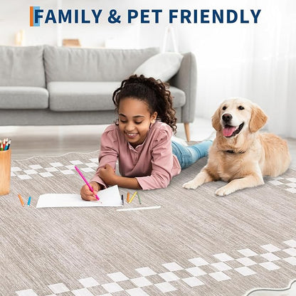 GarveeHome 8x10 Area Rug for Living Room Scalloped Washable Large Bedroom Rug Non Slip Stain Resistant Modern Border Dining Room Throw Carpet Scalloped Boho Rug for Home Decor Office Nursery, Fog