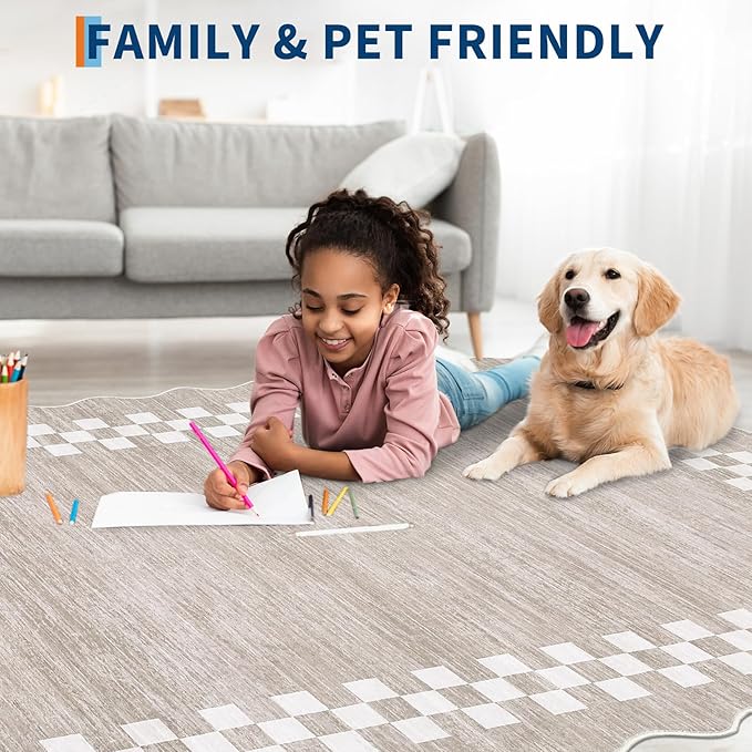 Small Bedroom Area Rug 3x5 Checkered Area Rug for Living Room Nursery Non Slip Kitchen Throw Carpet Low Pile Modern Bordered Rugs Washable Bathroom Mat Soft Brown Rugs for Laundry Entryway, Fog
