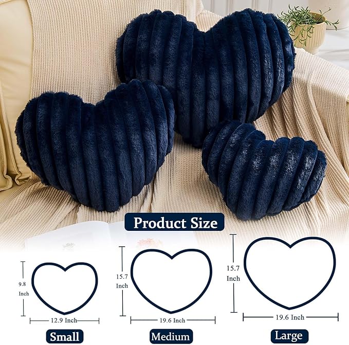 XVTRU Heart Pillows Heart Decorative Pillow Soft Fluffy Heart Shaped Navy Throw Pillows with Faux Rabbit Fur Aesthetic Room Decor Cute Pillow for Valentines Mother's Day