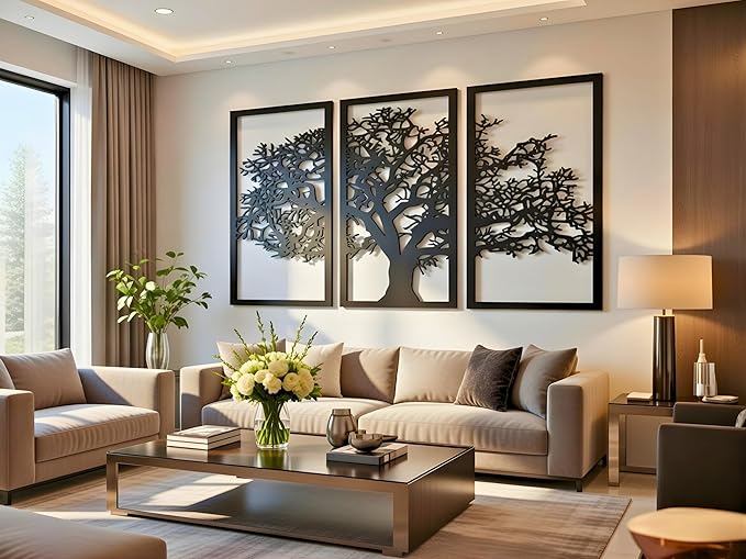 VAILLA Tree of Life Wall Art Decor Set of 3 Wall Hanging Sculpture Modern Wall Home Decoration 3D Textured Sculptures for Living Room Bedroom Office Dinnig Room 3 Panels Family Tree Wall Hangings (71"L x 39"W)