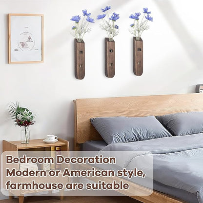 3 Pack Wood Planter Set, Boho Wall Decor for Living Room, Modern Farmhouse Entryway or Bathroom Decor, Wooden Vase Aesthetic Art for Wall Decorations