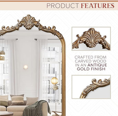Wylde Iris English Estate Carved Arch Wood Wall Mirror, Mirror for Entryway, Living Room, Bathroom, Antique Gold, 20.4x33