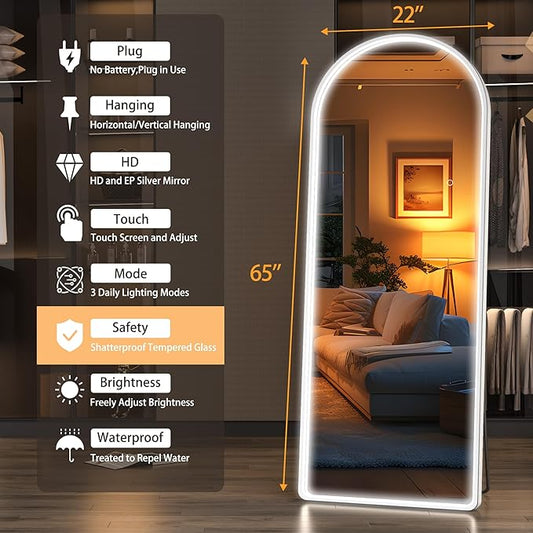 Hasipu 65" x 22" Led Mirror Full Length, Full Length Mirrors with Lights Arch Design, Full Body Mirror with Lights, Wall Mounted Mirror Dimming & 3 Color Modes