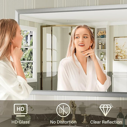 40x32 Inch Brushed Silver Bathroom Mirror for Wall, Thick Metal Framed Rectangle Mirrors for Over Sink, Bedroom, Living Room, Entryway, Anti-Rust, HD Tempered Glass
