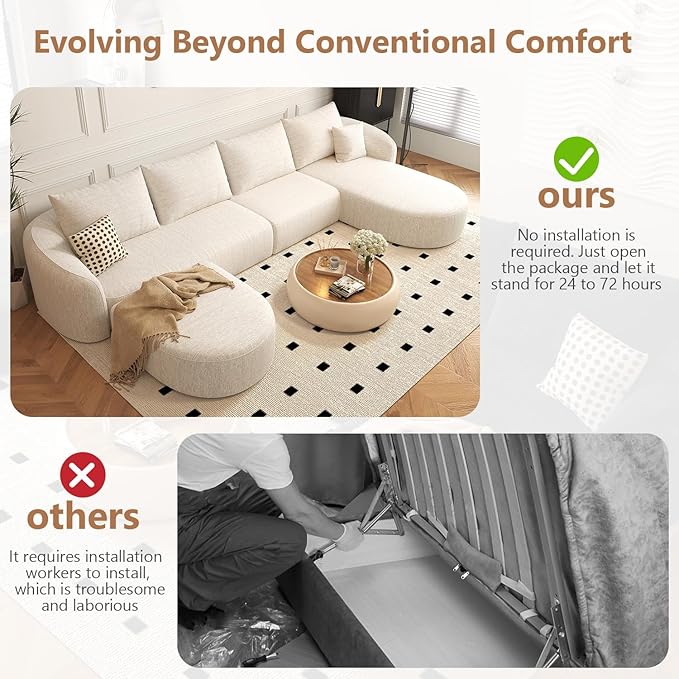 Settab 138.6" Modular Sectional Couches Luxury Modern Curved Back U-Shape Sofa Set with Ottoman,Minimalist Comfy Boneless Cloud Couch for Living Room Apartment,(Right Facing Chaise,White)