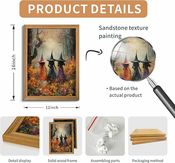 Framed Vintage Halloween Witch Wall Art – Halloween 3D Texture Witches Pictures Fall Decor for Living Room, Mysterious Forest Witchy Sandstone Aesthetic Art Prints for Bedroom Kids Room – 12x16in