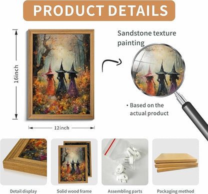 Framed Vintage Halloween Witch Wall Art – Halloween 3D Texture Witches Pictures Fall Decor for Living Room, Mysterious Forest Witchy Sandstone Aesthetic Art Prints for Bedroom Kids Room – 12x16in