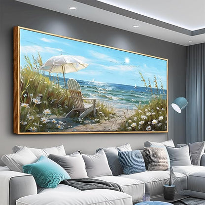 ERQINHUA Large Wall Decor For Living Room Canvas Wall Art For Restaurant Office Decorations Blue Sea Ocean Paintings Beach Chair Wall Pictures Modern Home Decor Ready To Hang Wood Framed 20x40 In